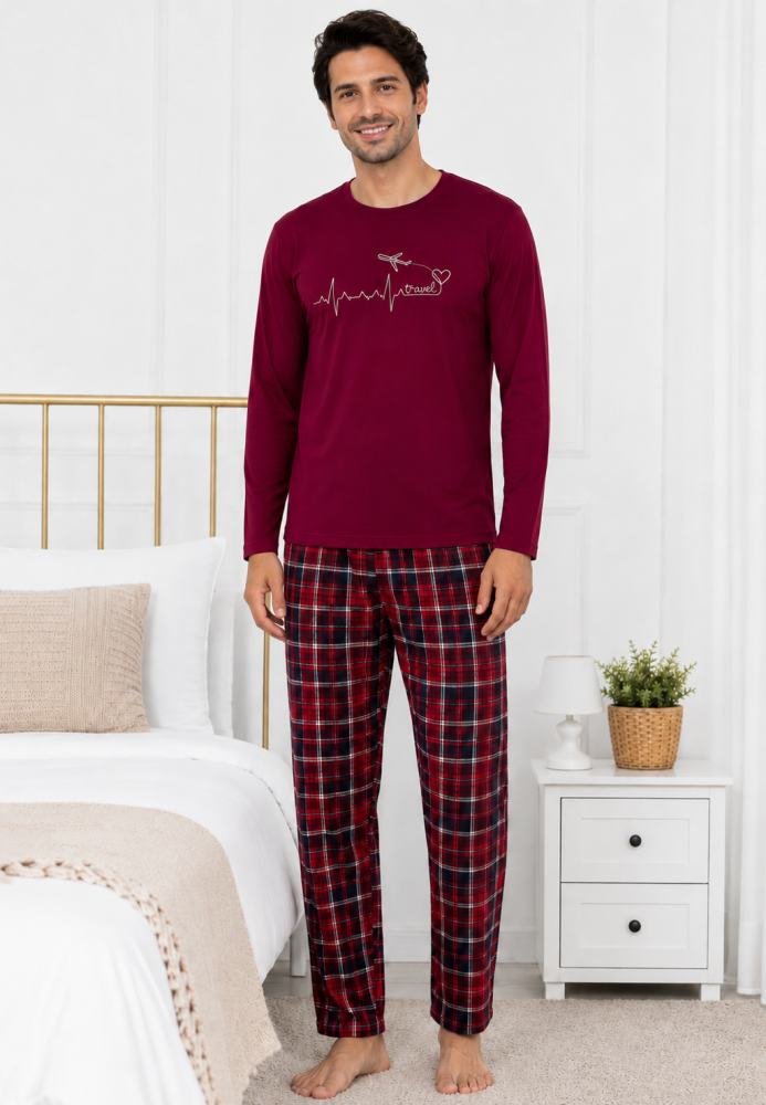 Pijama barbati Serena cu maneca lunga si pantalon lung-Bordo,Engros